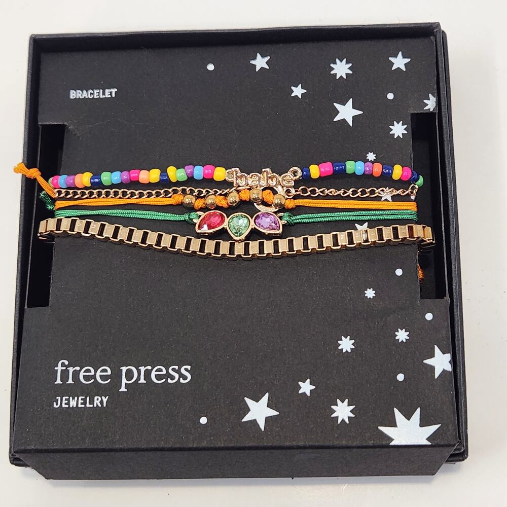 Free Press Multiple Bracelet Set Beaded Chain Rhinestone Pink Gold Tone Blue